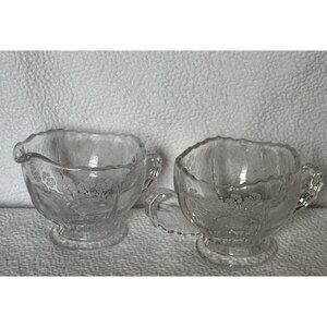 New Martinsville Glass Creamer Sugar Bowl Set Etched Flower Basket Wing Handles